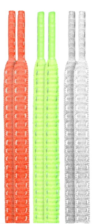 10 Seconds ® Reflexall ® Athletic Oval Laces | Hot Red/Neon Yellow/White Reflective Multi-Pack