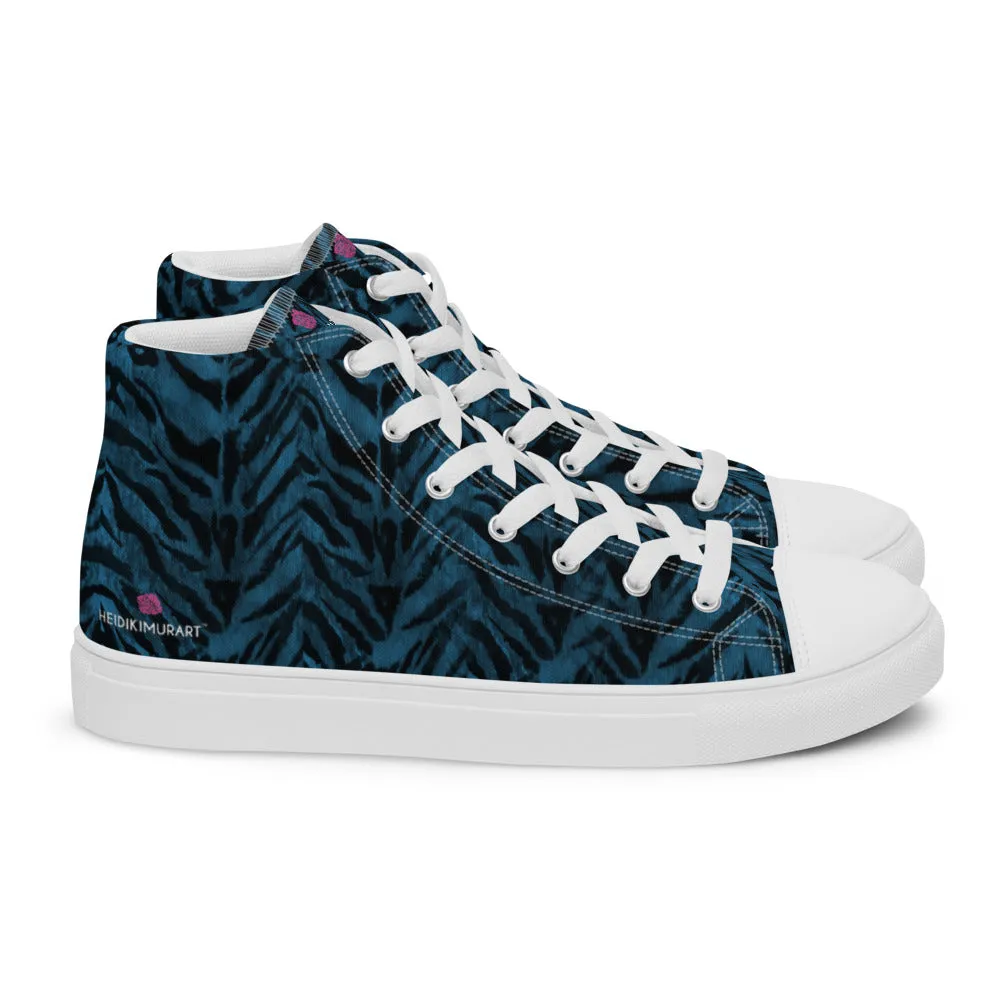 Blue Tiger Striped Men's Sneakers, Animal Print Premium High Top Tennis Shoes For Men (US Size: 5-13)