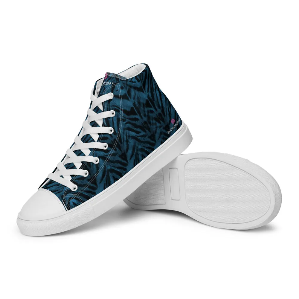 Blue Tiger Striped Men's Sneakers, Animal Print Premium High Top Tennis Shoes For Men (US Size: 5-13)