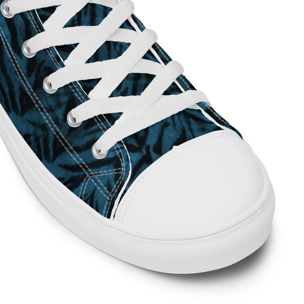 Blue Tiger Striped Men's Sneakers, Animal Print Premium High Top Tennis Shoes For Men (US Size: 5-13)