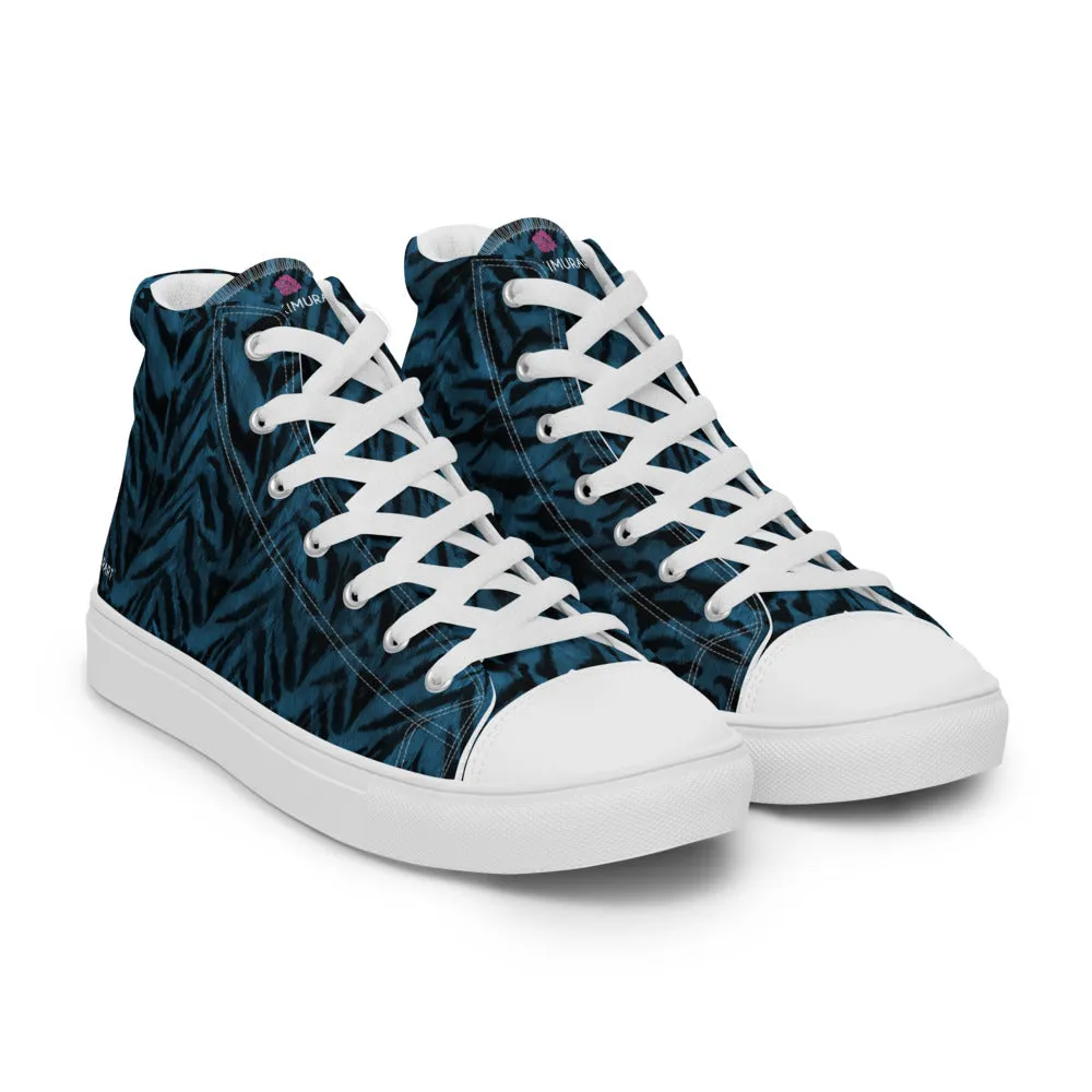 Blue Tiger Striped Men's Sneakers, Animal Print Premium High Top Tennis Shoes For Men (US Size: 5-13)