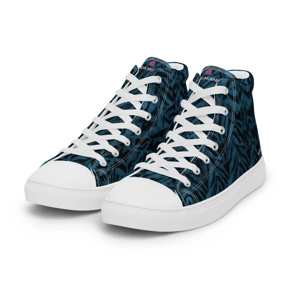 Blue Tiger Striped Men's Sneakers, Animal Print Premium High Top Tennis Shoes For Men (US Size: 5-13)