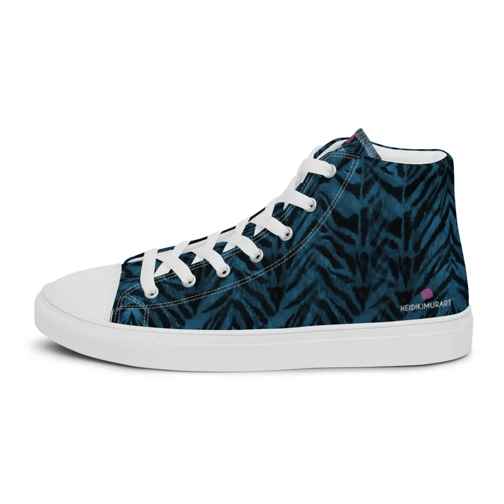 Blue Tiger Striped Men's Sneakers, Animal Print Premium High Top Tennis Shoes For Men (US Size: 5-13)