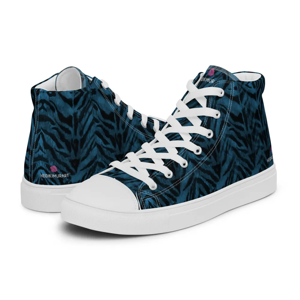 Blue Tiger Striped Men's Sneakers, Animal Print Premium High Top Tennis Shoes For Men (US Size: 5-13)