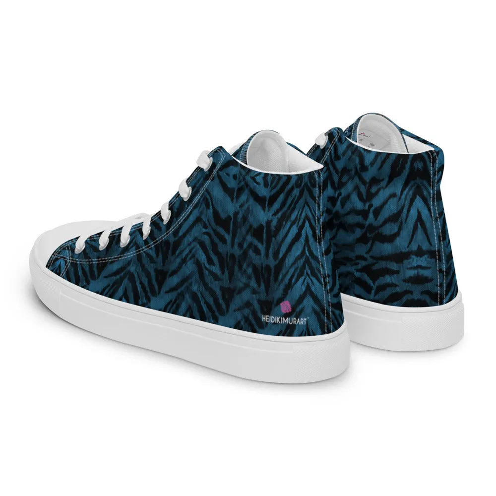 Blue Tiger Striped Men's Sneakers, Animal Print Premium High Top Tennis Shoes For Men (US Size: 5-13)