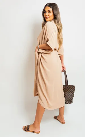 Button Down Collared Midi Dress with Two Front Pockets