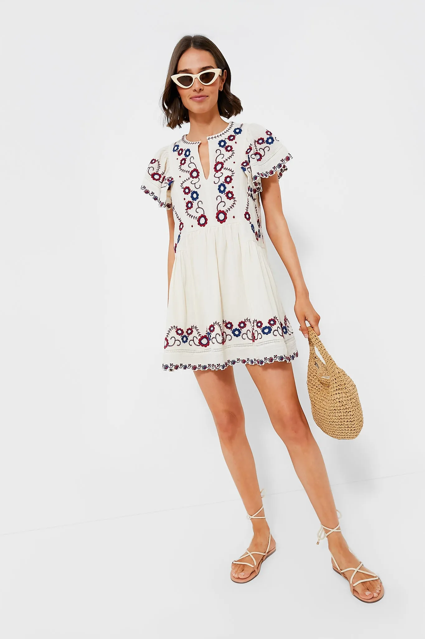 Cream Multi Soren Embroidery Short Sleeve Dress