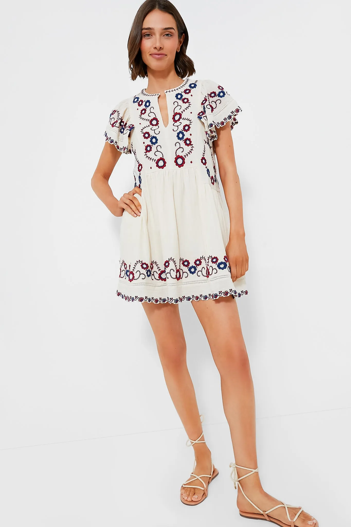 Cream Multi Soren Embroidery Short Sleeve Dress