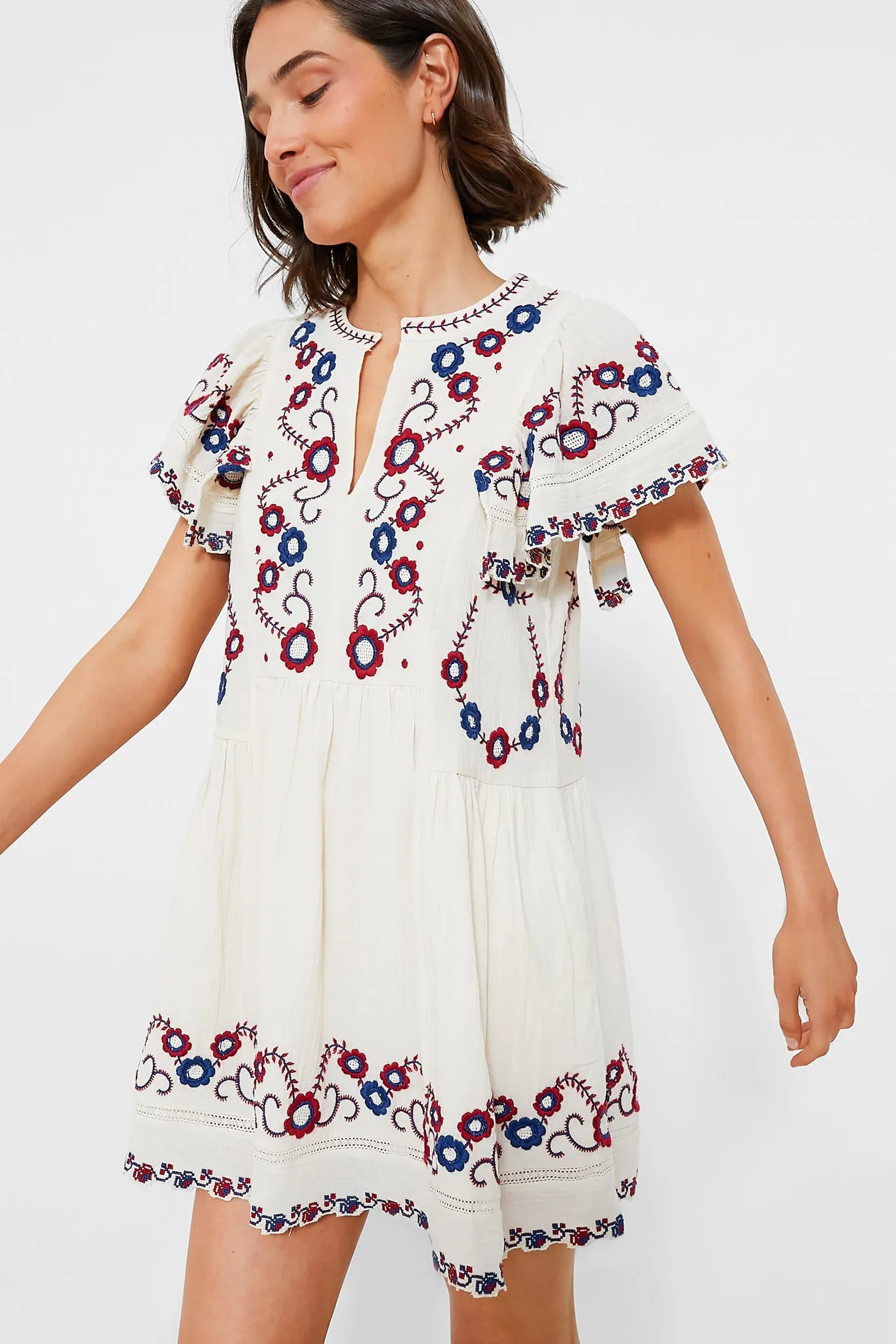 Cream Multi Soren Embroidery Short Sleeve Dress