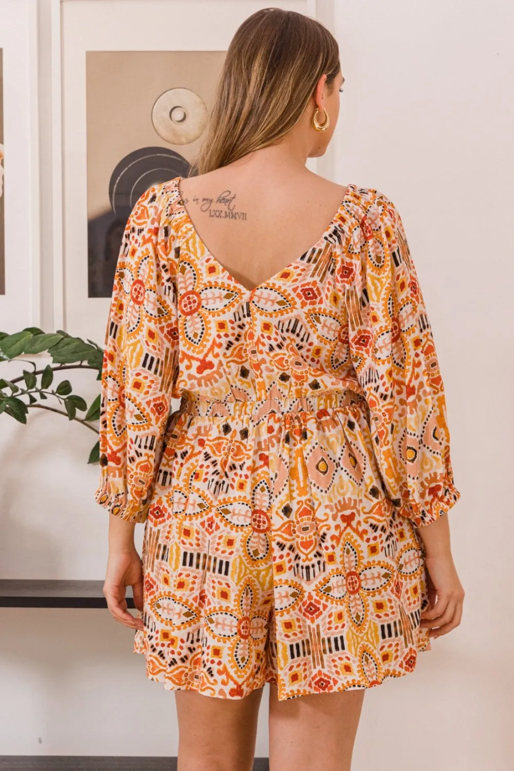 Full Size Printed Ruff Sleeve Romper with Pockets