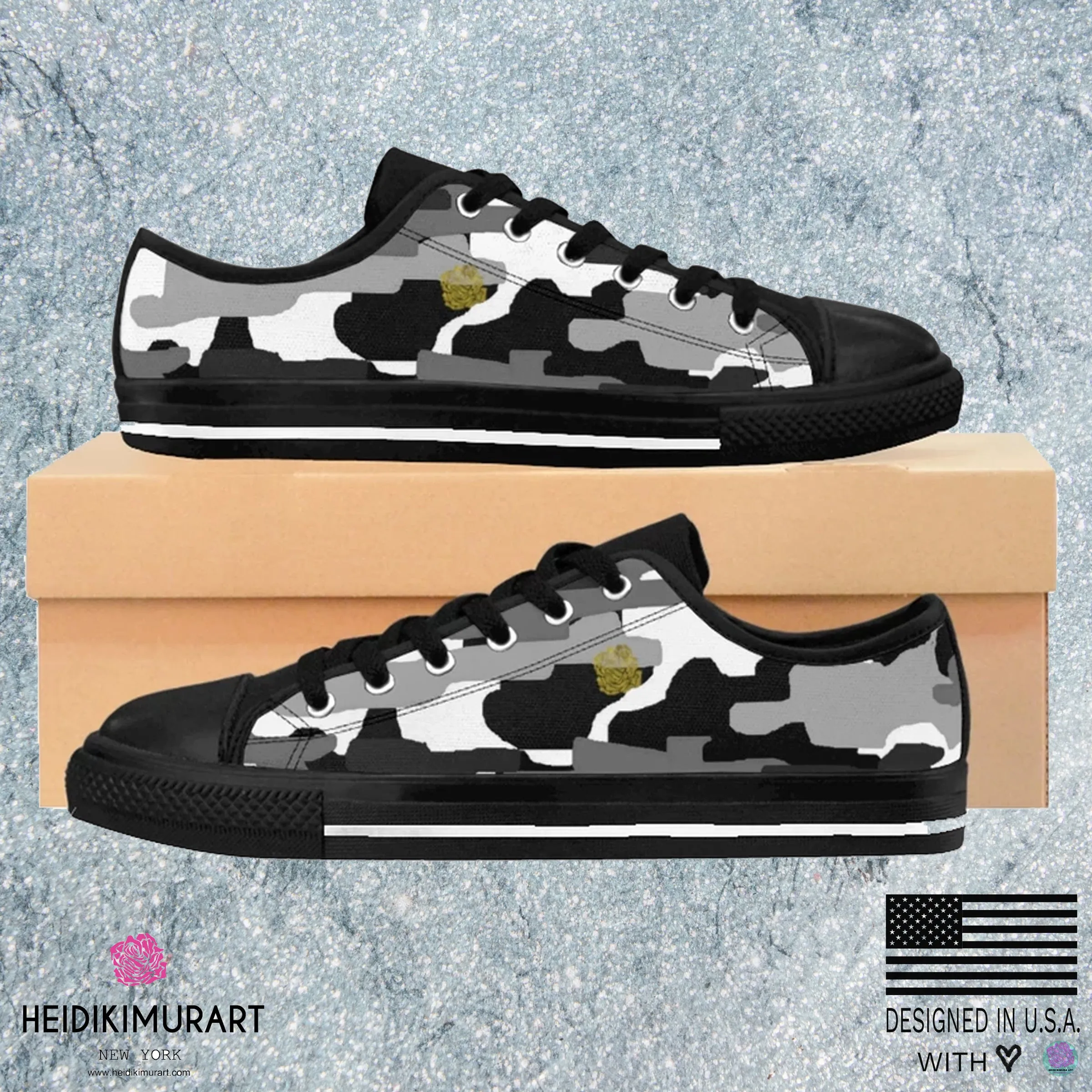 Gray Camo Men's Low Tops, Camouflage Military Print Designer Men's Low Top Sneakers