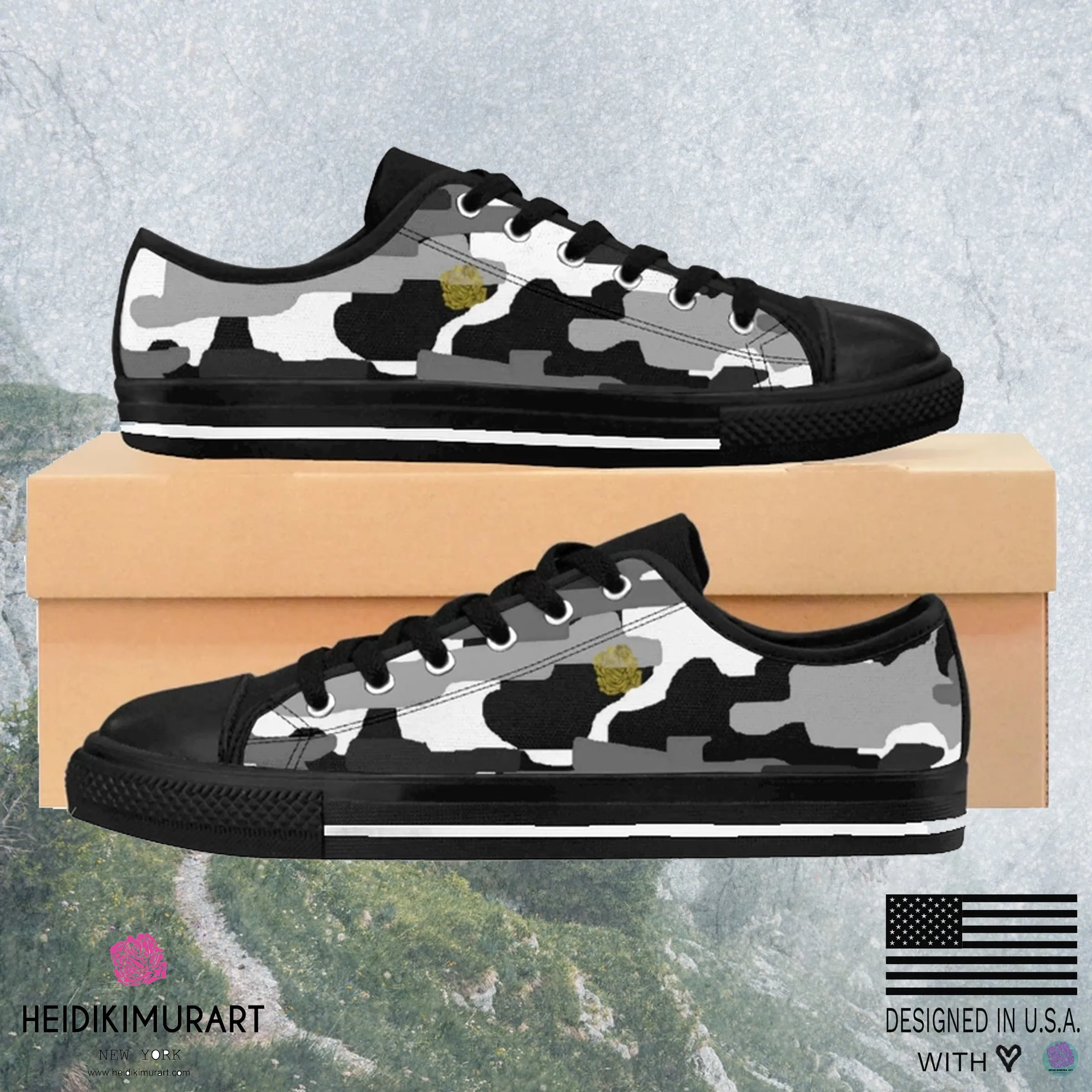 Gray Camo Men's Low Tops, Camouflage Military Print Designer Men's Low Top Sneakers