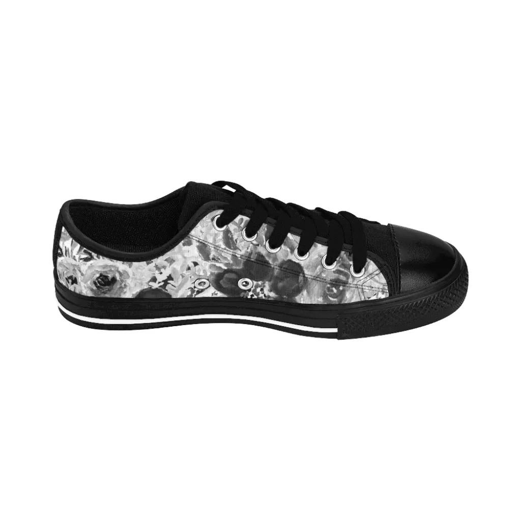 Grey Floral Print Men's Sneakers, White Flower Print Low Top Best Fashion Sneakers For Men