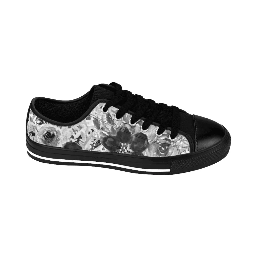 Grey Floral Print Men's Sneakers, White Flower Print Low Top Best Fashion Sneakers For Men