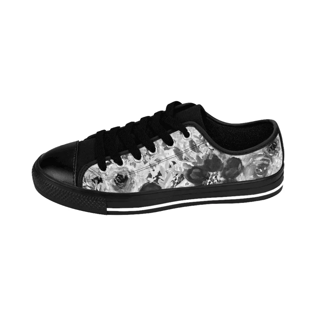 Grey Floral Print Men's Sneakers, White Flower Print Low Top Best Fashion Sneakers For Men