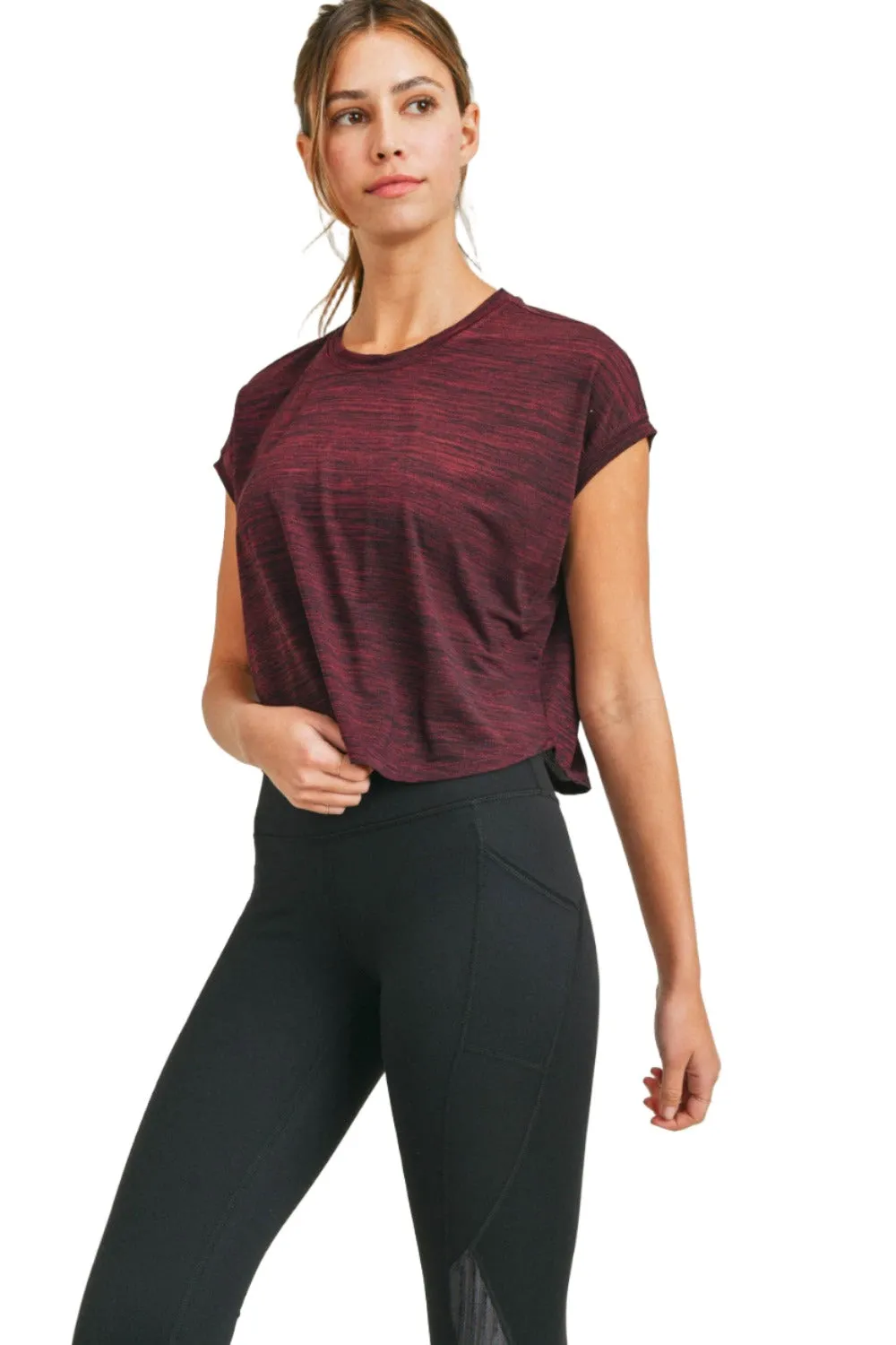 Mono B Cap-Sleeved Melange Athleisure Cropped Shirt AT3090