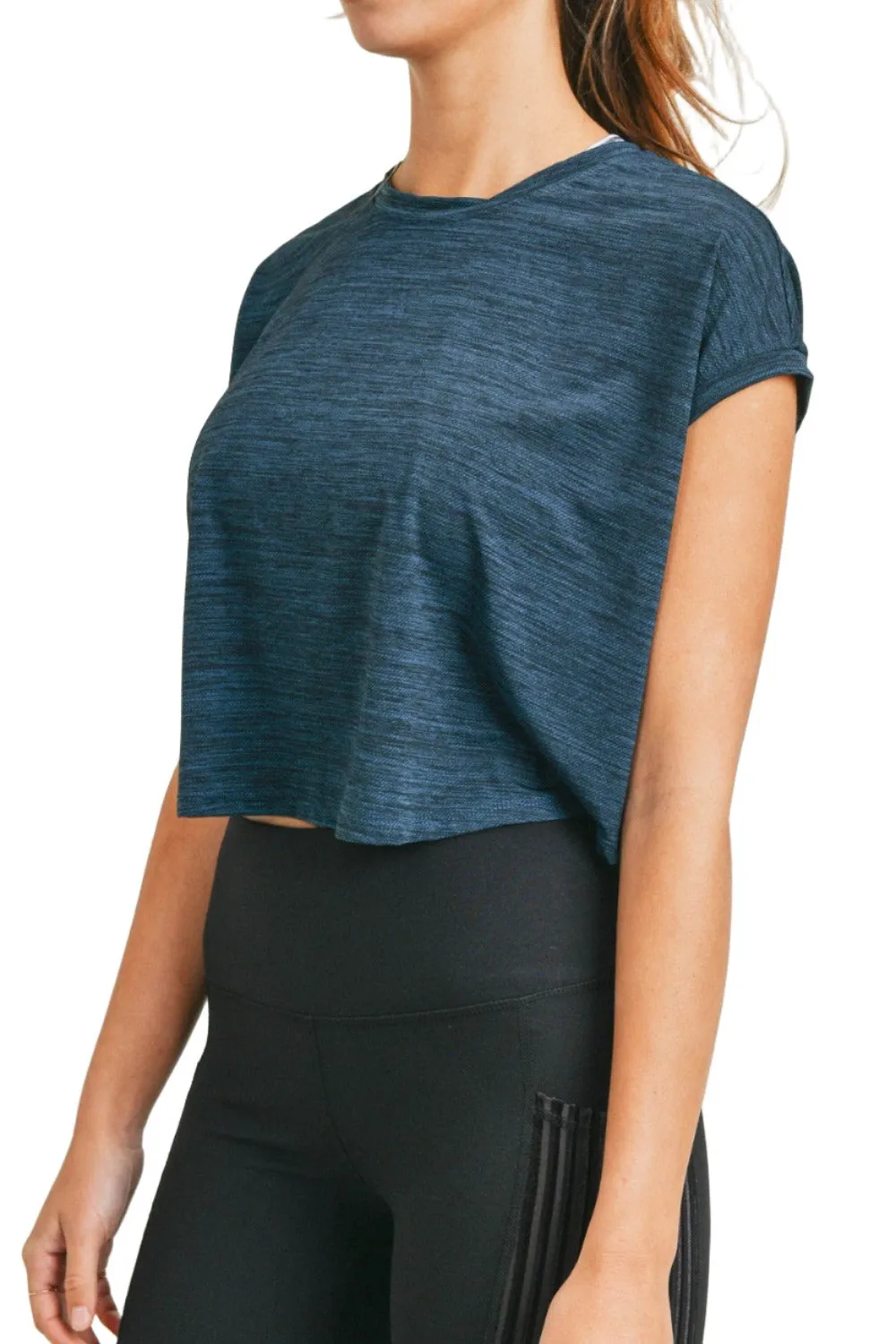 Mono B Cap-Sleeved Melange Athleisure Cropped Shirt AT3090