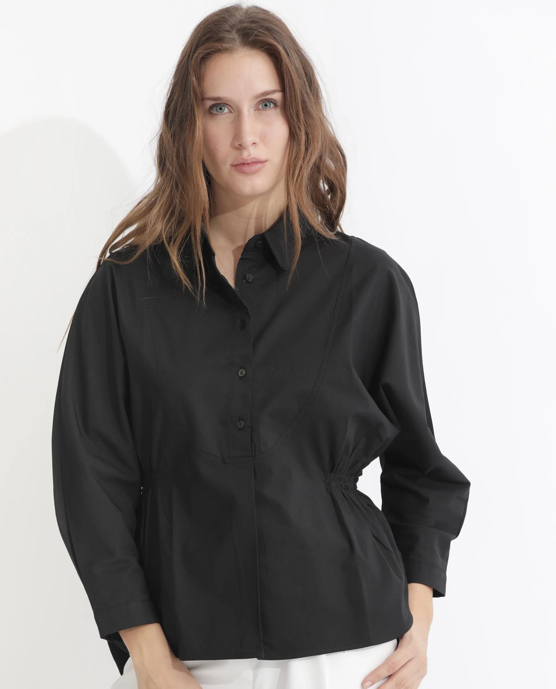 Rareism Women Kowski Black Cotton Blend Fabric Full Sleeves Button Closure Shirt Collar Kimono Sleeve Regular Fit Plain Blouse Top