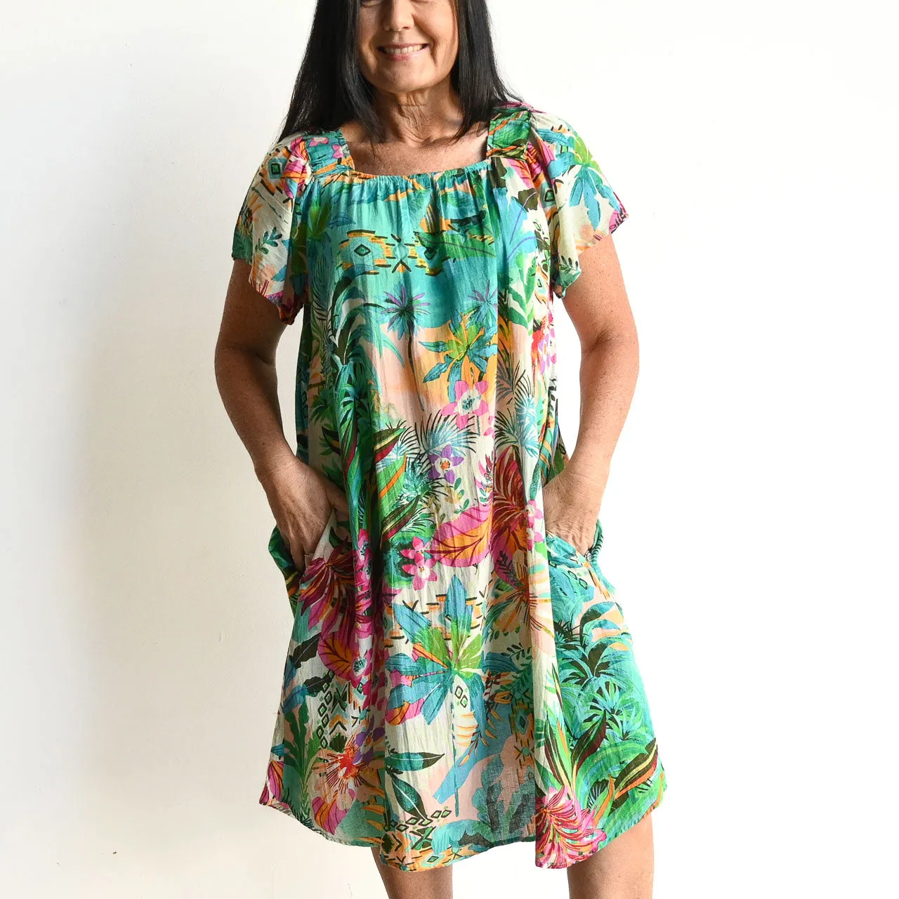 Square Neck Smock Dress by Orientique Australia - Hanalei - 91002