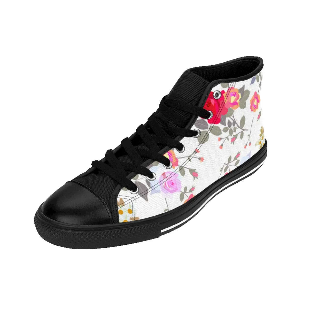 White Rose Women's Sneakers, Mixed Floral Print Designer High-top Fashion Running Shoes