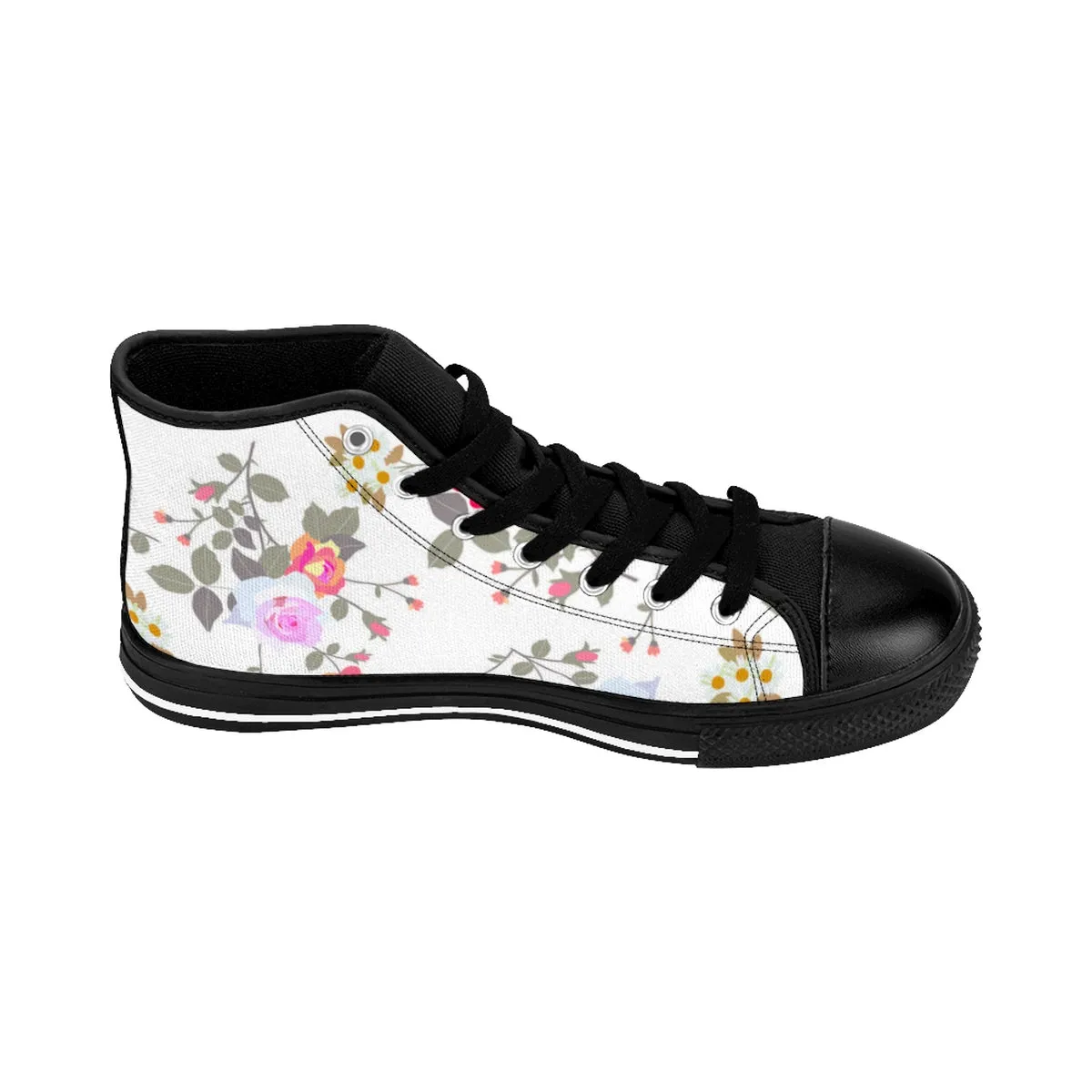 White Rose Women's Sneakers, Mixed Floral Print Designer High-top Fashion Running Shoes